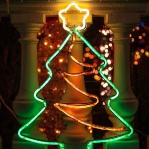 Glowing neon tree with star, perfect for holiday decoration inspiration.