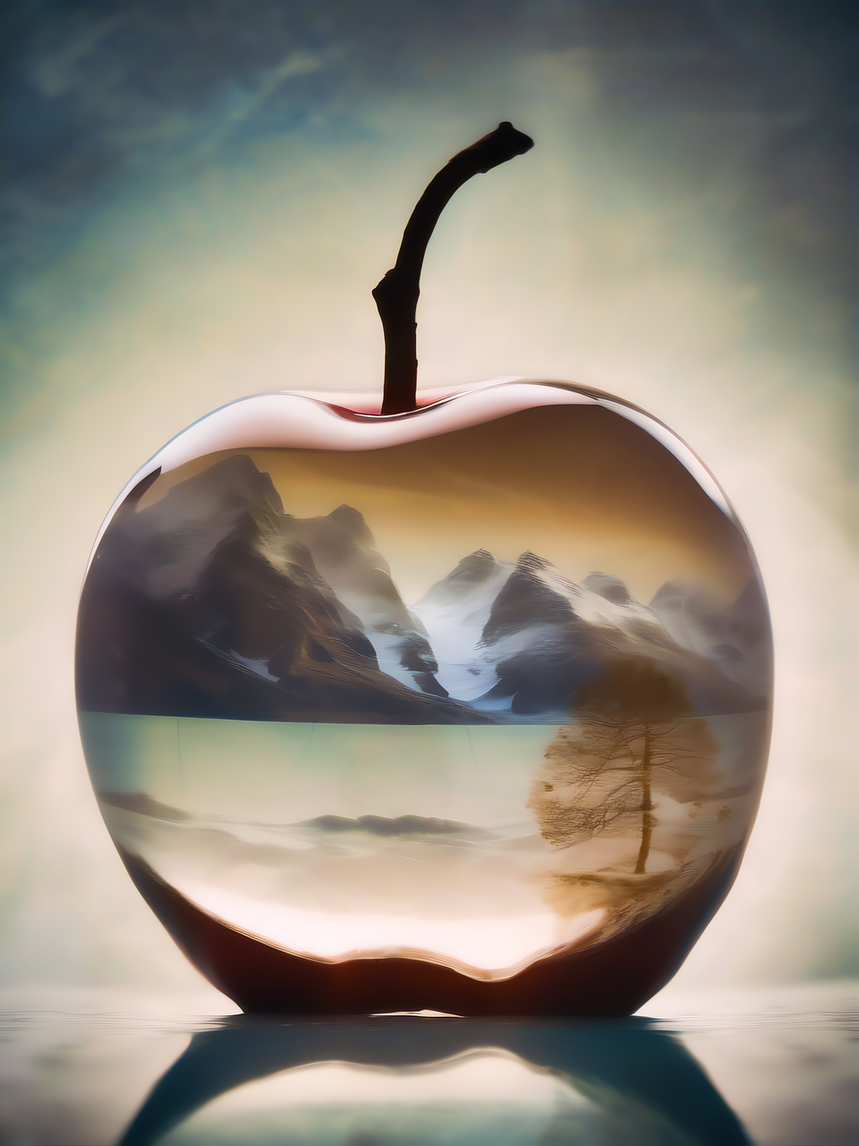 GG ESSENTIALS Begues ai generated, apple, glass, mountain, object, decorative, nature, landscape